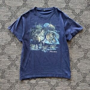 Vintage Wolf T-Shirt Mens Medium Navy Blue Alaska Nature Souvenir Wildlife Y2K
